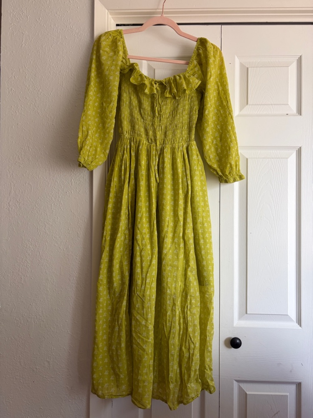 Melloday Chartreuse Green Ruffled Smocked Floral Midi Maxi Dress